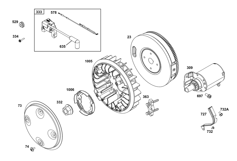 Flywheel, Ignition, And Starter Group Diagram and Parts List for 386447-3330-B5 200000 - 399999 Briggs and Stratton Engine